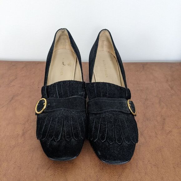 Marc Fisher Mabel Fringe Black Suede Leather Gold Buckle Block Heel Loafer Shoes - Picture 2 of 5